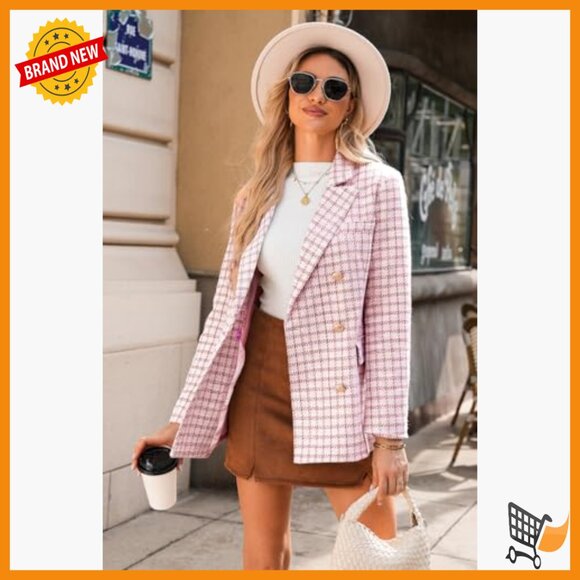 Plaid Tweed Blazer Double Breasted Long Sleeve Open Front Work Casual - Picture 4 of 7